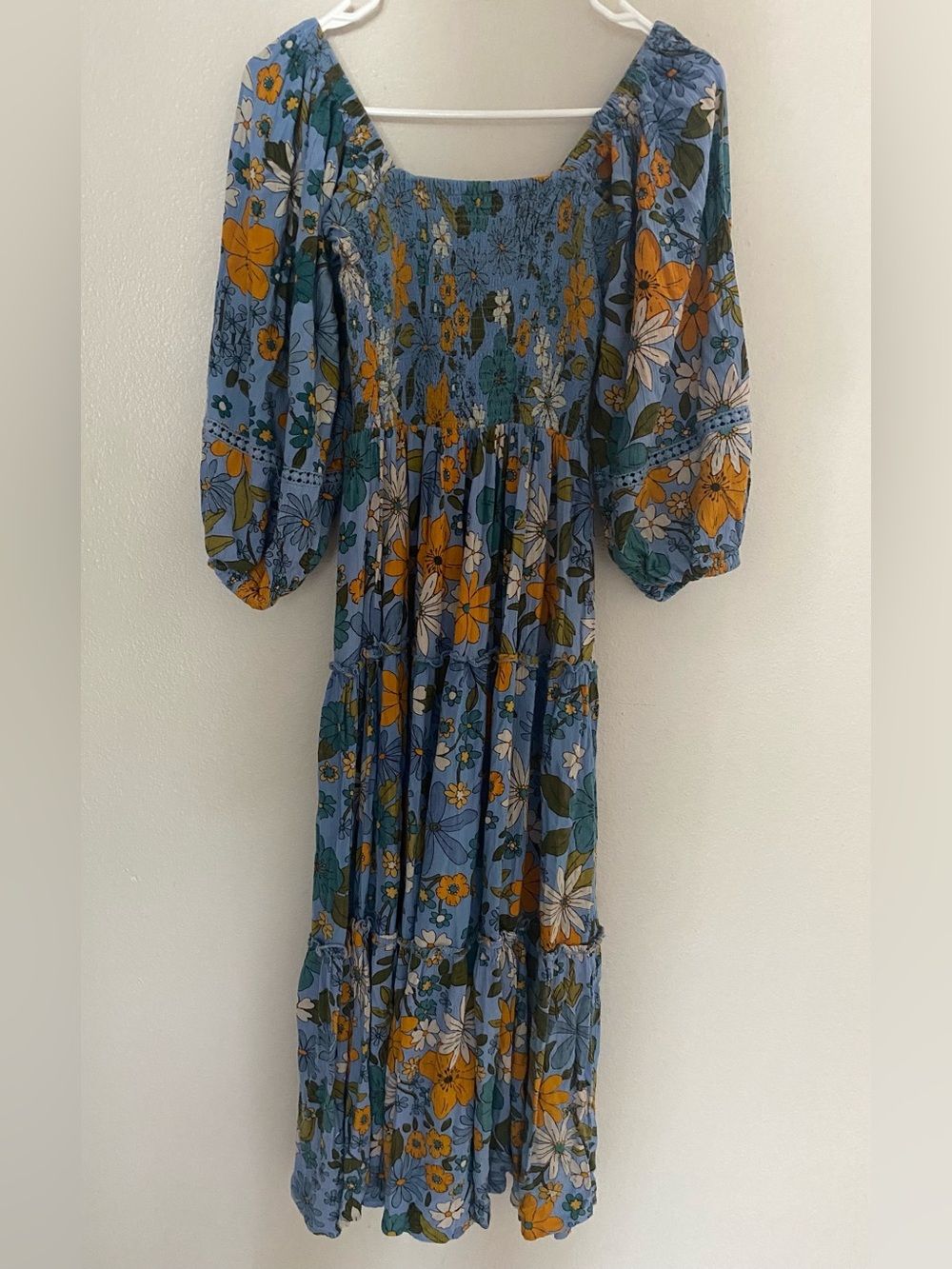 Angie Floral Smocked Floral Midi Dress tiered crochet trim puff sleeve Small - Picture 5 of 7